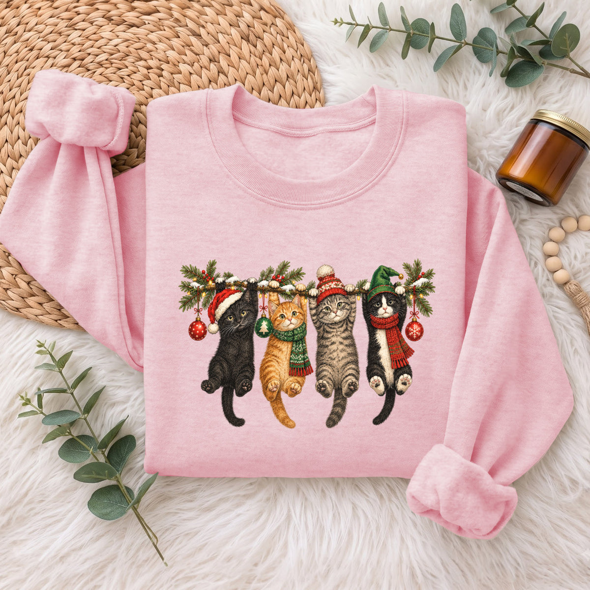 Hanging Cats Christmas Sweatshirt, Cute Kitty Holiday Sweater, Xmas