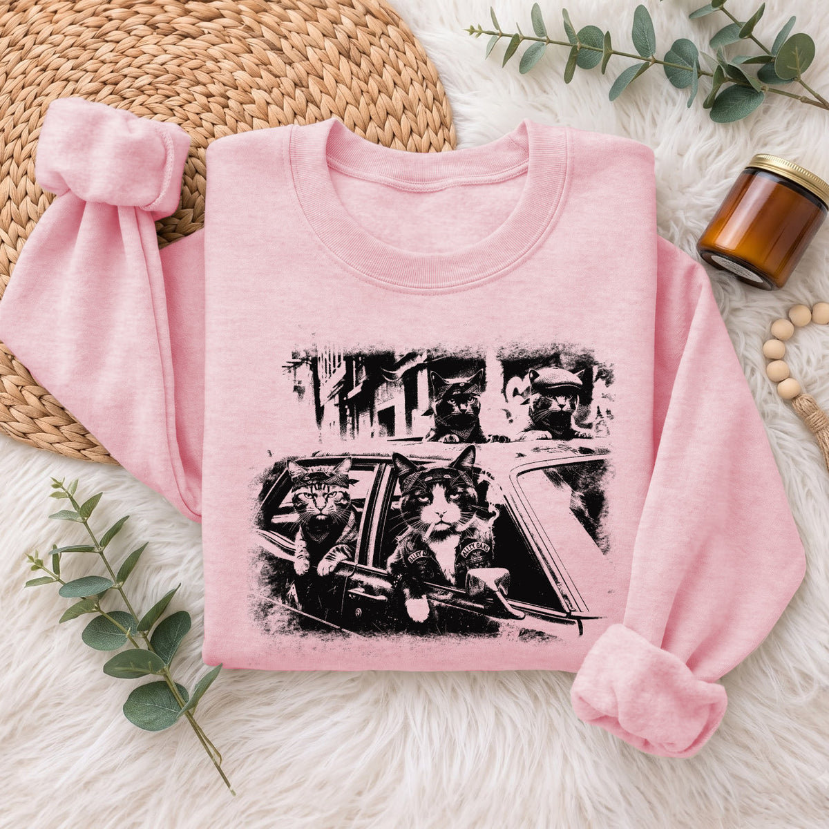 Gangster Cats in Car Sweatshirt, Funny Cat Retro Graphic Top
