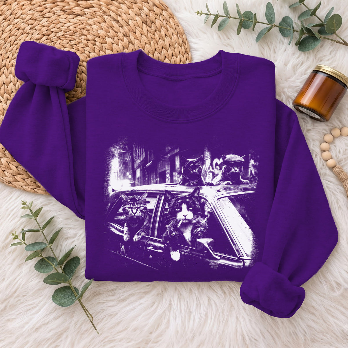 Gangster Cats in Car Sweatshirt, Funny Cat Retro Graphic Top