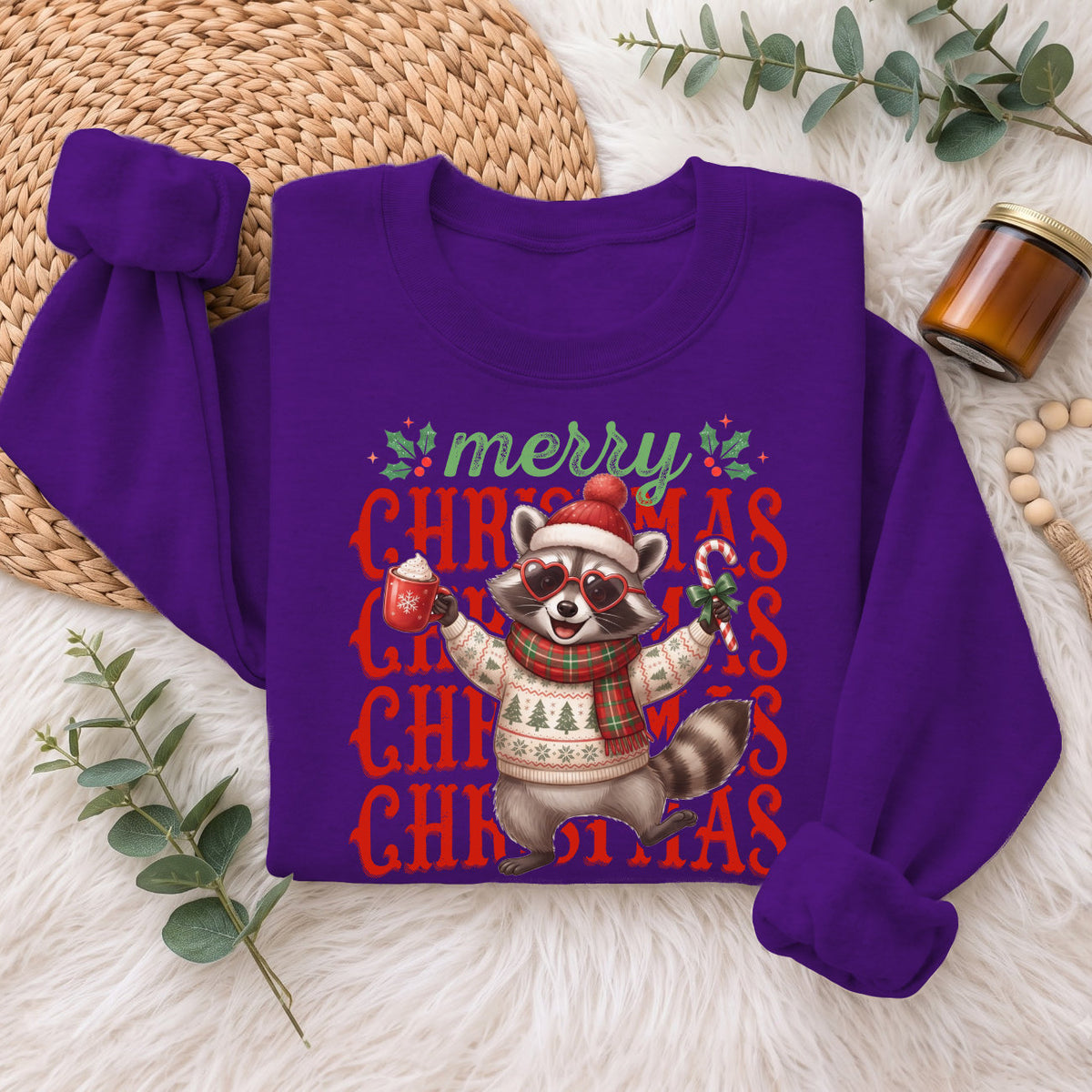Merry Christmas Raccoon Sweatshirt, Cute Winter Holiday Shirt