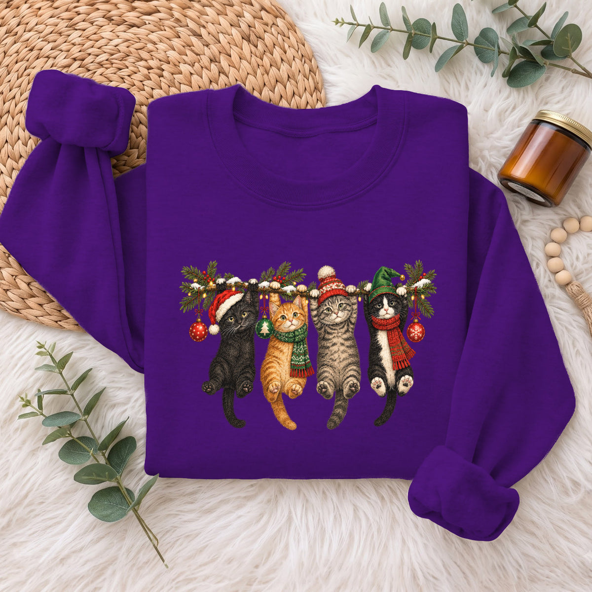Hanging Cats Christmas Sweatshirt, Cute Kitty Holiday Sweater, Xmas