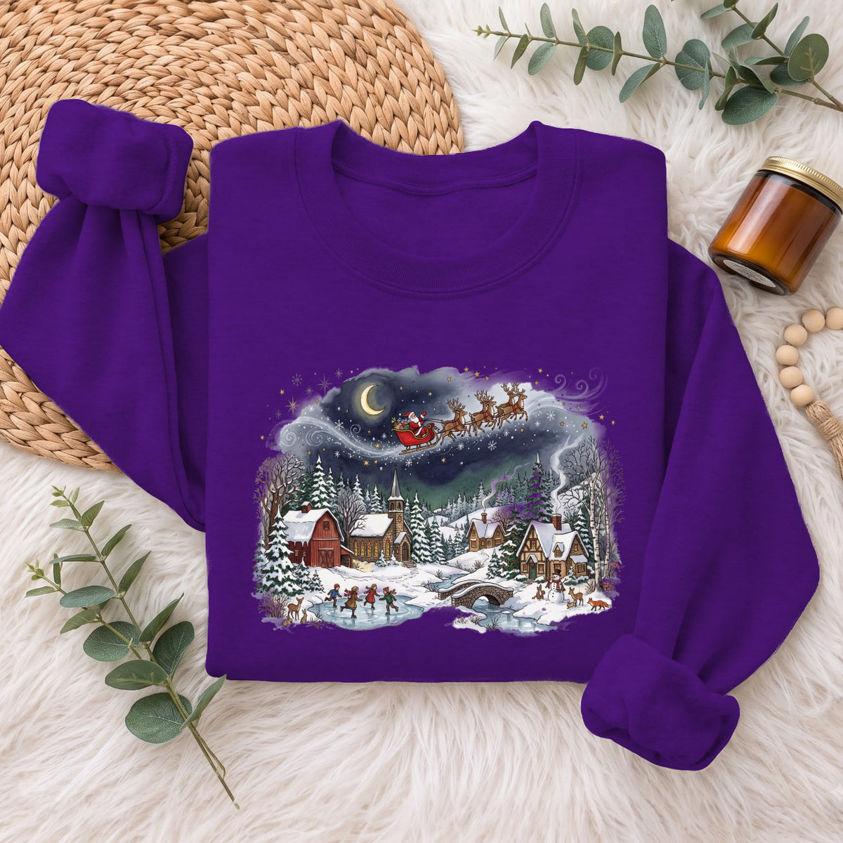 Santa Sleigh Winter Village Christmas Sweatshirt, Holiday Top