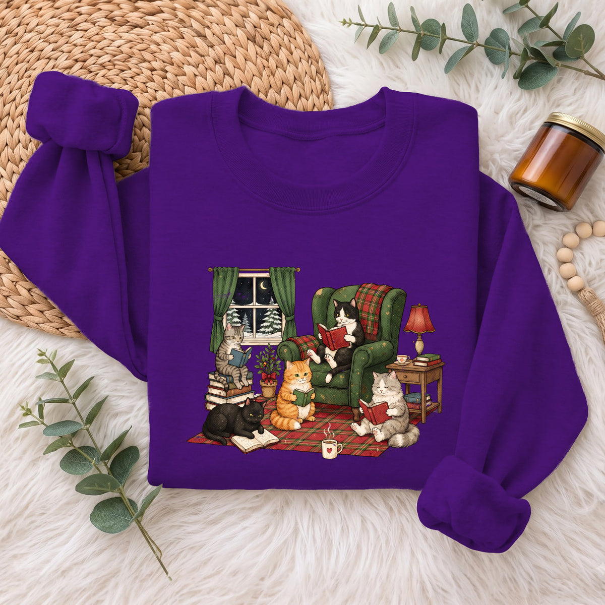 Cozy Reading Cats Sweatshirt, Cute Cat Books Holiday Sweater, Xmas