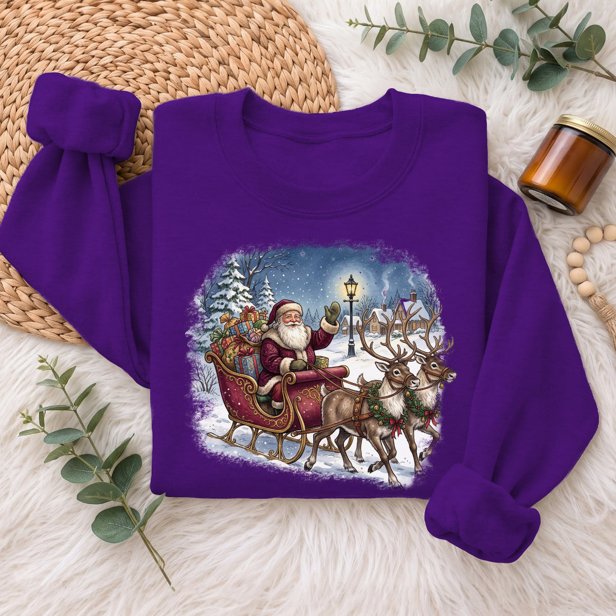 Santa Sleigh Reindeer Christmas Sweatshirt, Xmas Holiday Sweater