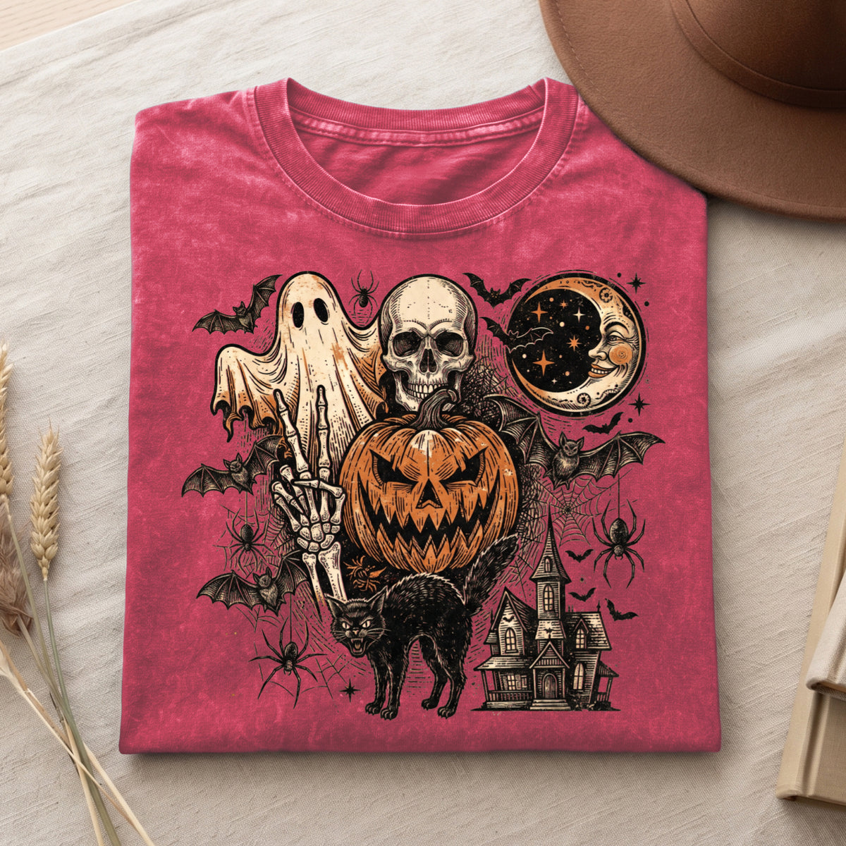 Retro Spooky Ghost Pumpkin Skull Graphic T Shirt (PB091826-3)