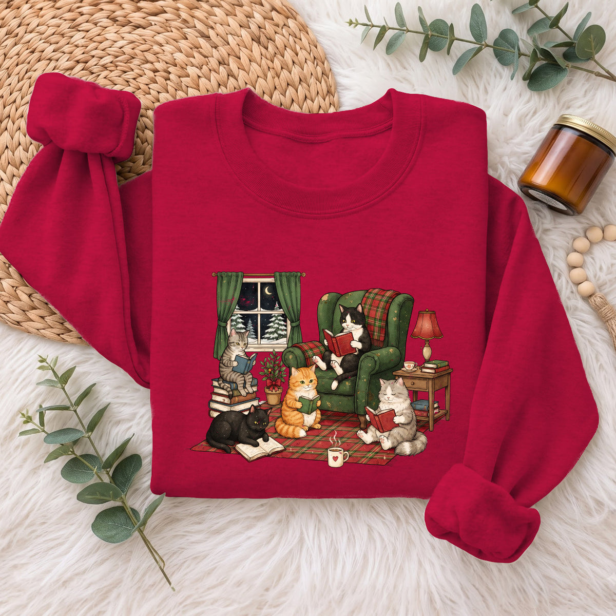 Cozy Reading Cats Sweatshirt, Cute Cat Books Holiday Sweater, Xmas