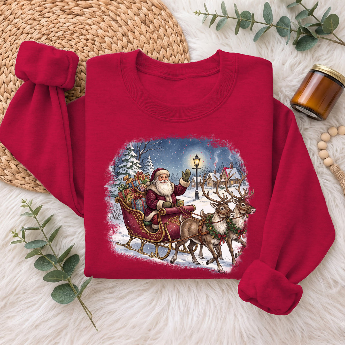 Santa Sleigh Reindeer Christmas Sweatshirt, Xmas Holiday Sweater