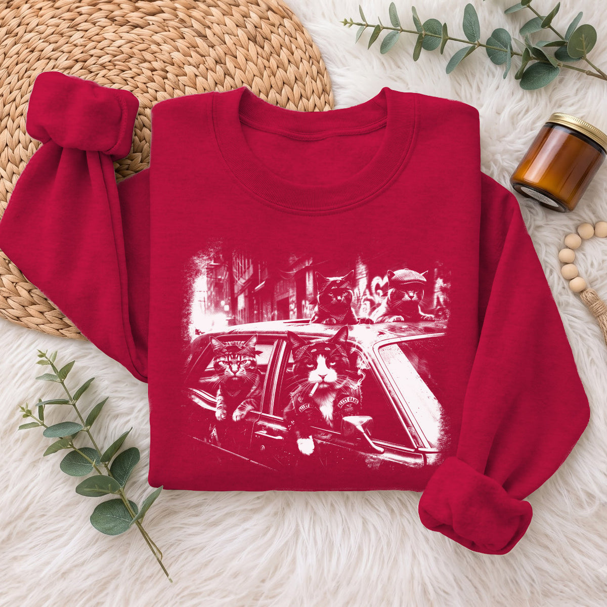 Gangster Cats in Car Sweatshirt, Funny Cat Retro Graphic Top