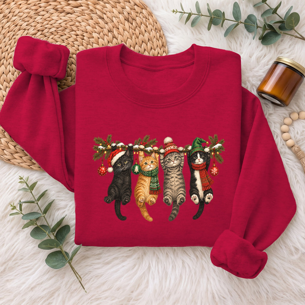 Hanging Cats Christmas Sweatshirt, Cute Kitty Holiday Sweater, Xmas