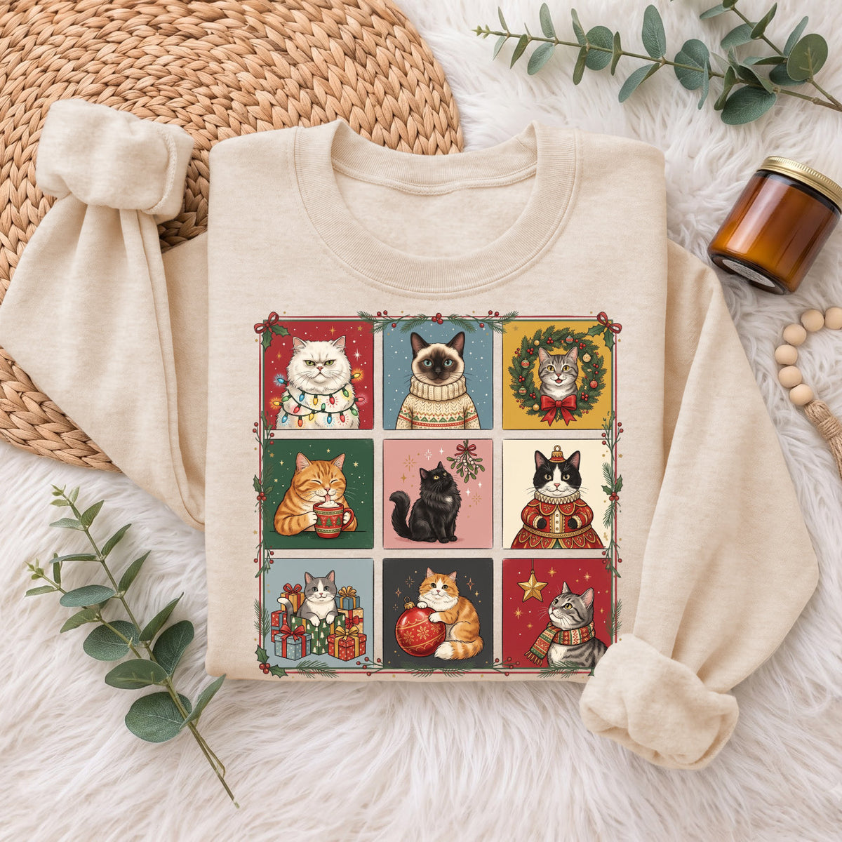 Christmas Cats Sweatshirt, Cute Kitty Holiday Sweater, Xmas Gift