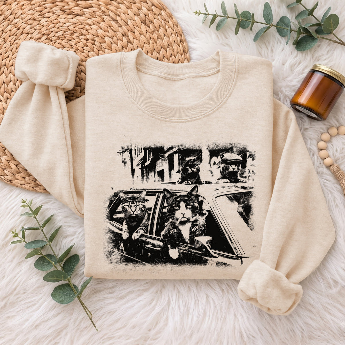 Gangster Cats in Car Sweatshirt, Funny Cat Retro Graphic Top