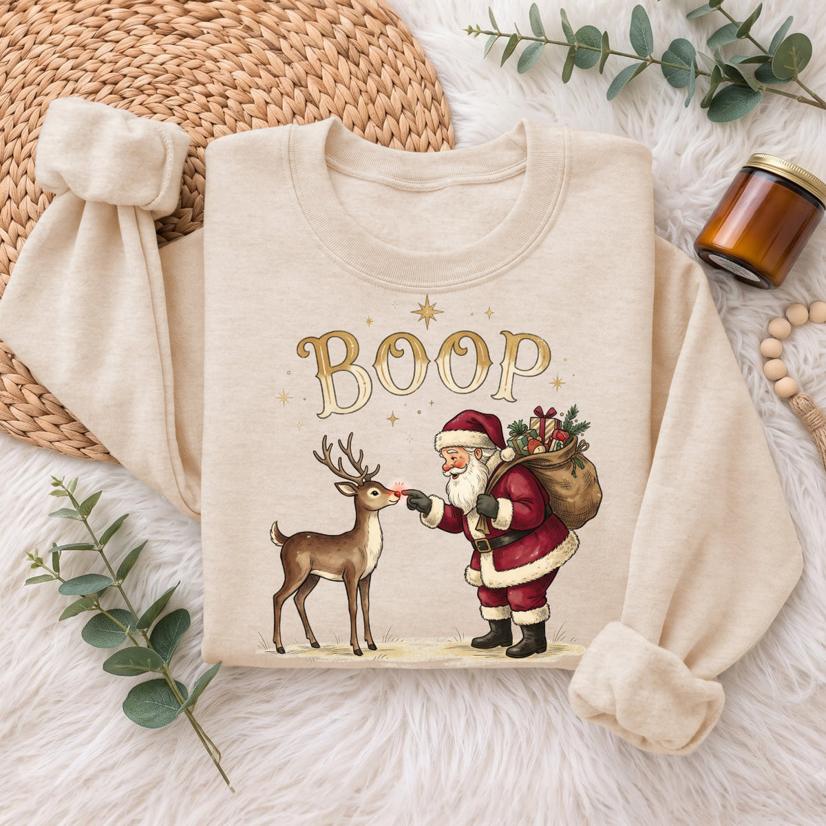 Santa Boop Reindeer Christmas Sweatshirt, Cute Xmas Holiday Top