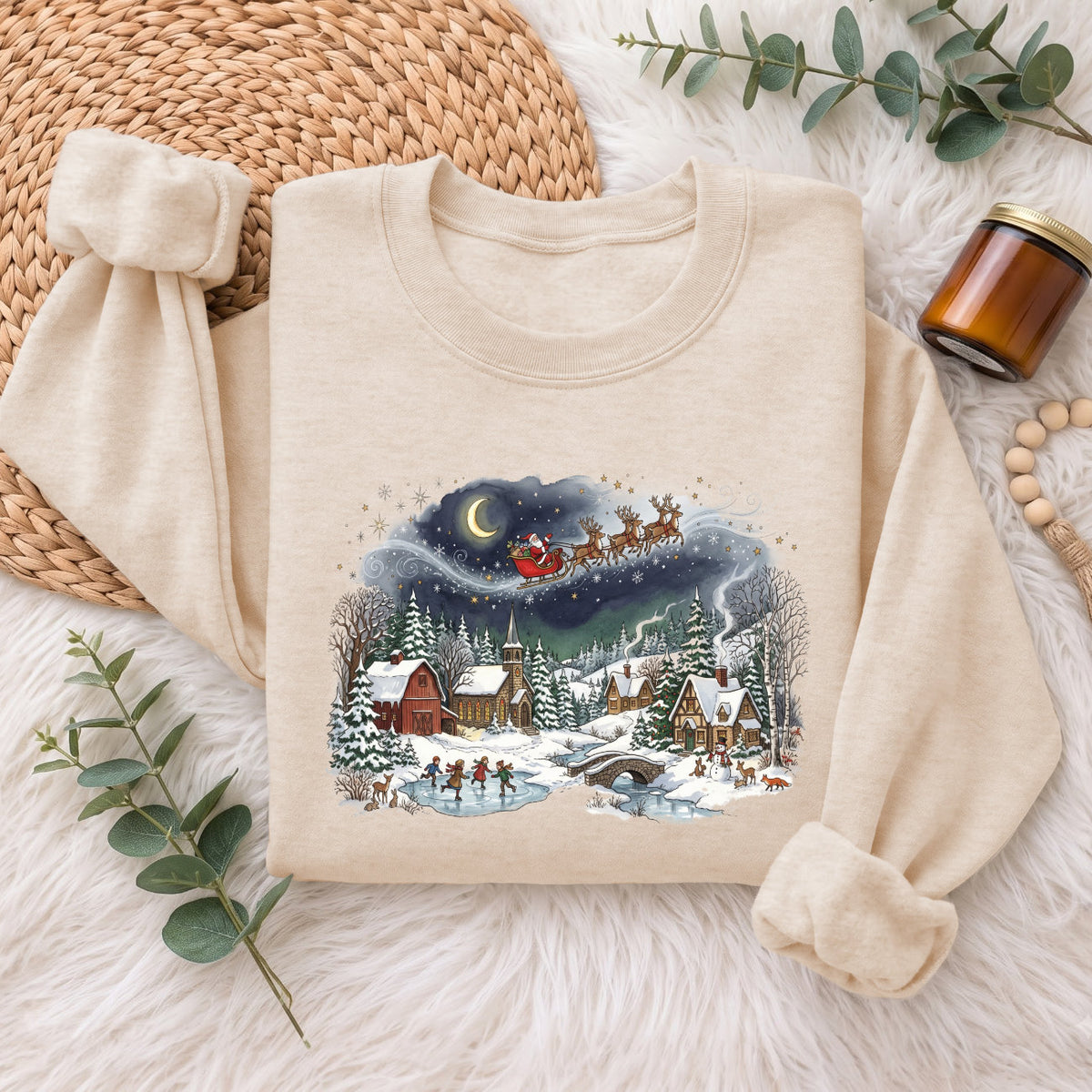 Santa Sleigh Winter Village Christmas Sweatshirt, Holiday Top