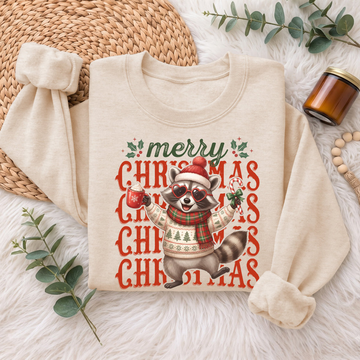 Merry Christmas Raccoon Sweatshirt, Cute Winter Holiday Shirt