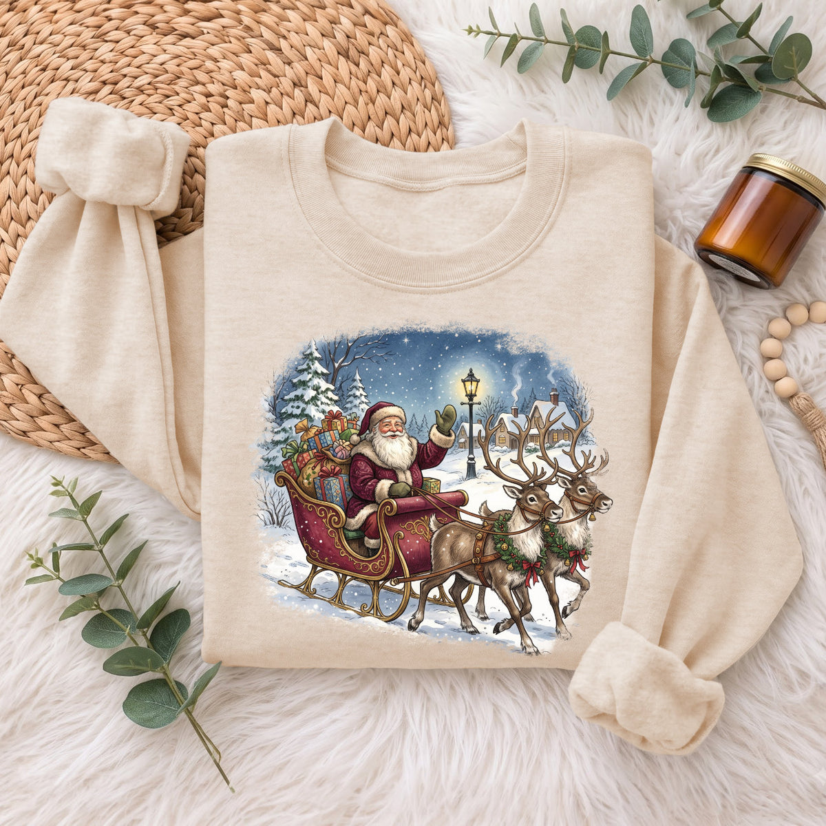 Santa Sleigh Reindeer Christmas Sweatshirt, Xmas Holiday Sweater