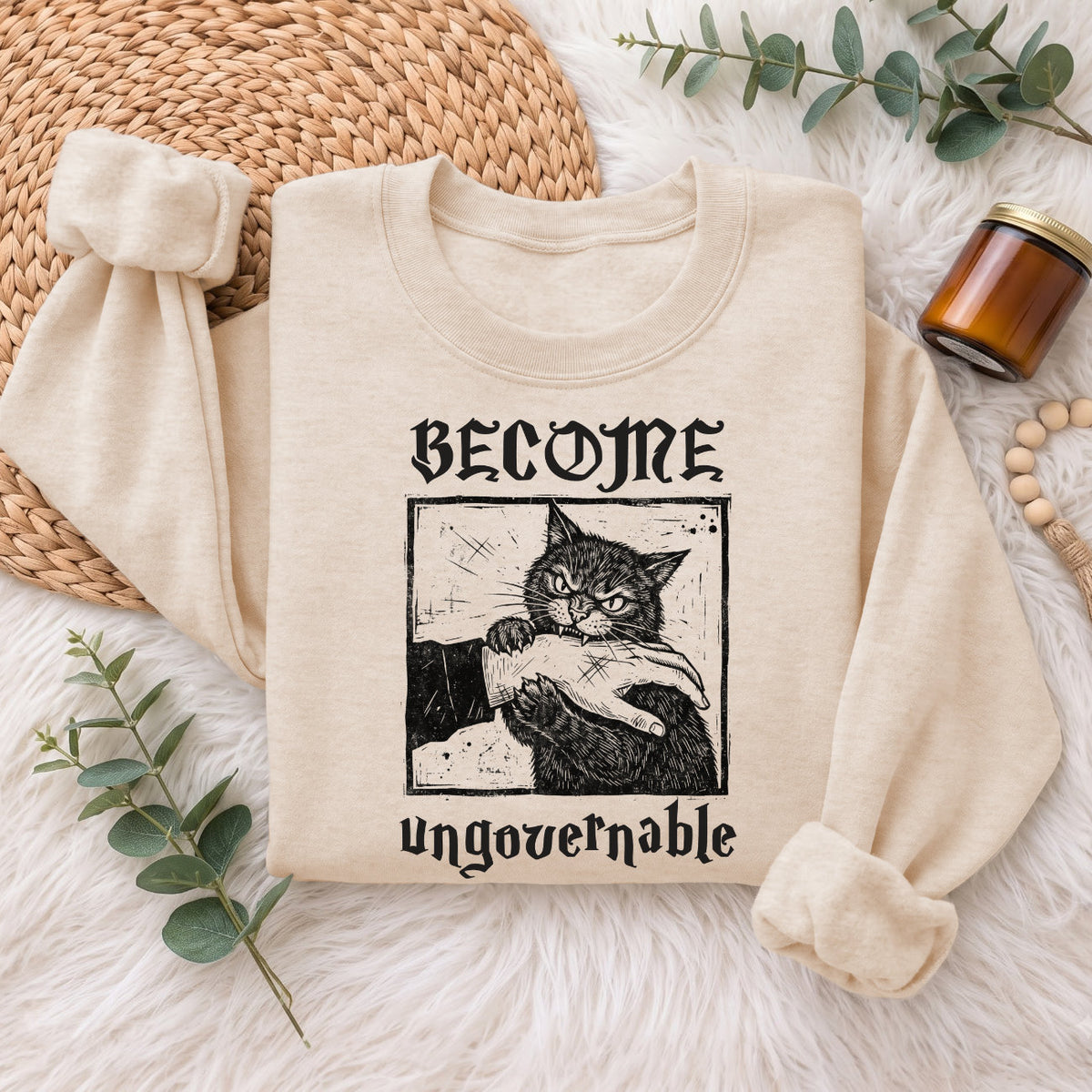 Become Ungovernable Cat Sweatshirt, Funny Cat Biting Hand Sweater