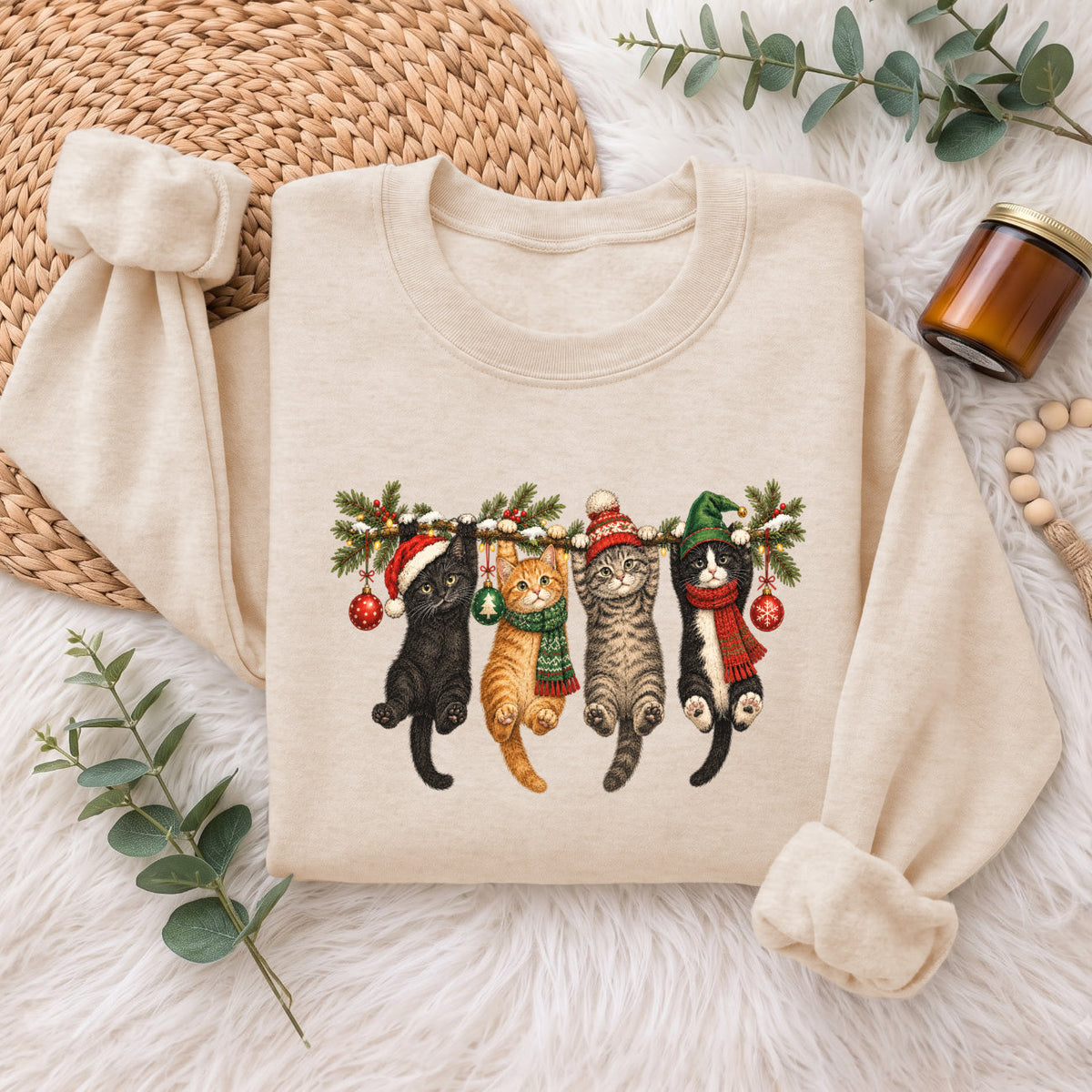 Hanging Cats Christmas Sweatshirt, Cute Kitty Holiday Sweater, Xmas