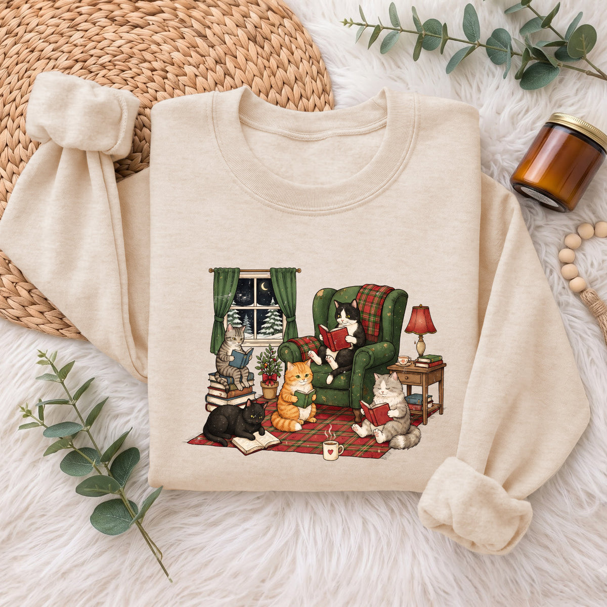 Cozy Reading Cats Sweatshirt, Cute Cat Books Holiday Sweater, Xmas