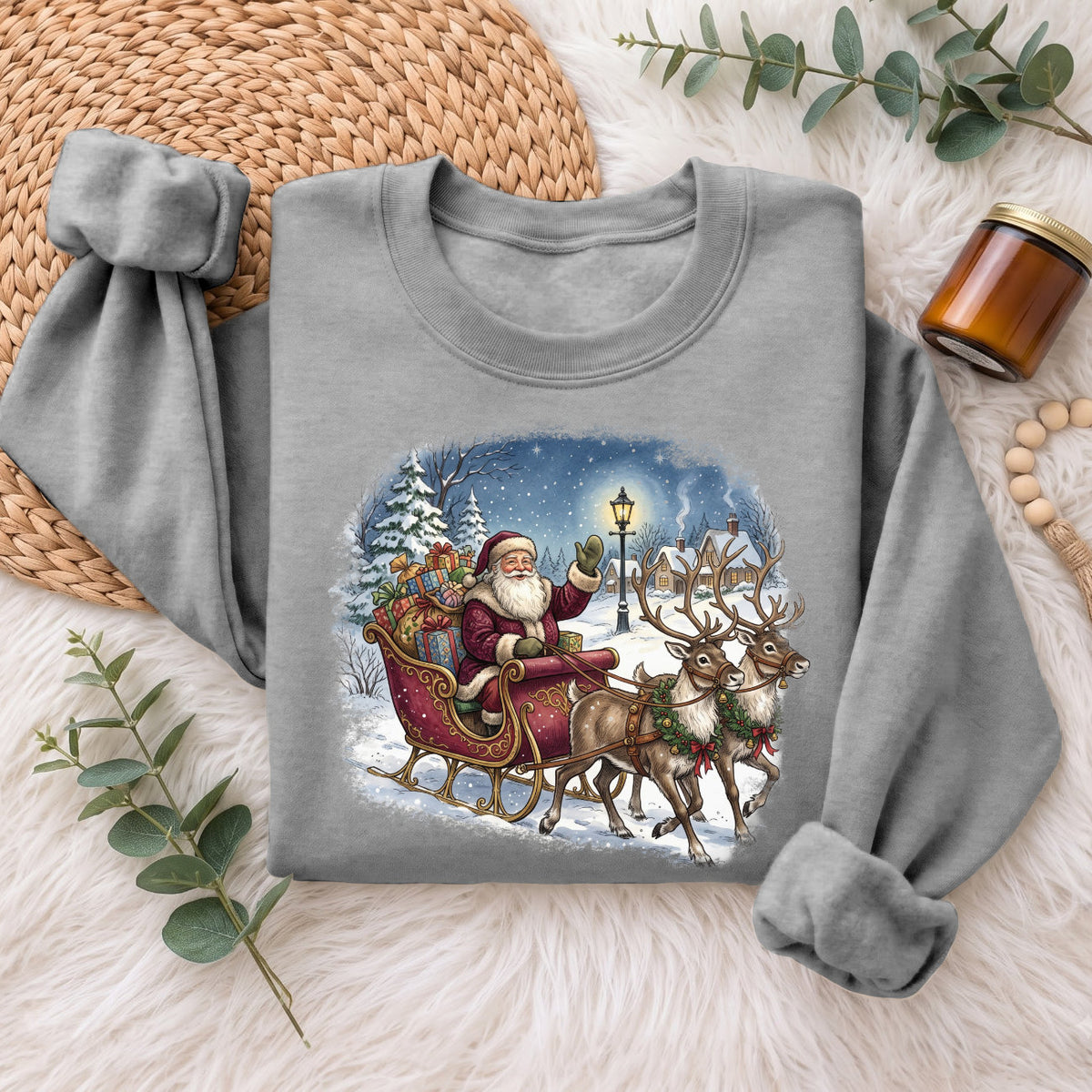 Santa Sleigh Reindeer Christmas Sweatshirt, Xmas Holiday Sweater