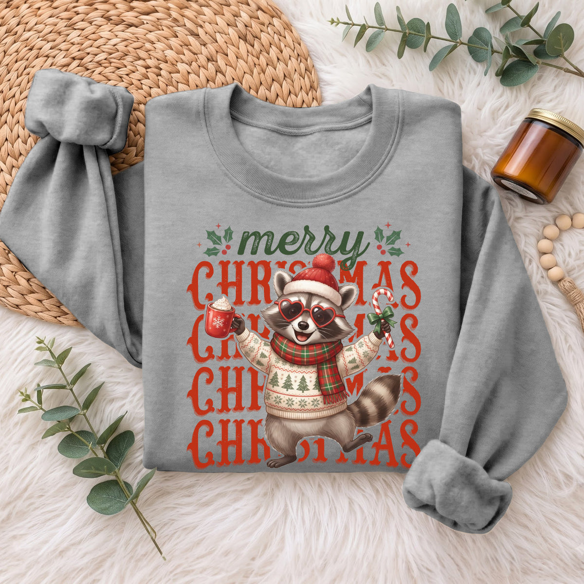 Merry Christmas Raccoon Sweatshirt, Cute Winter Holiday Shirt