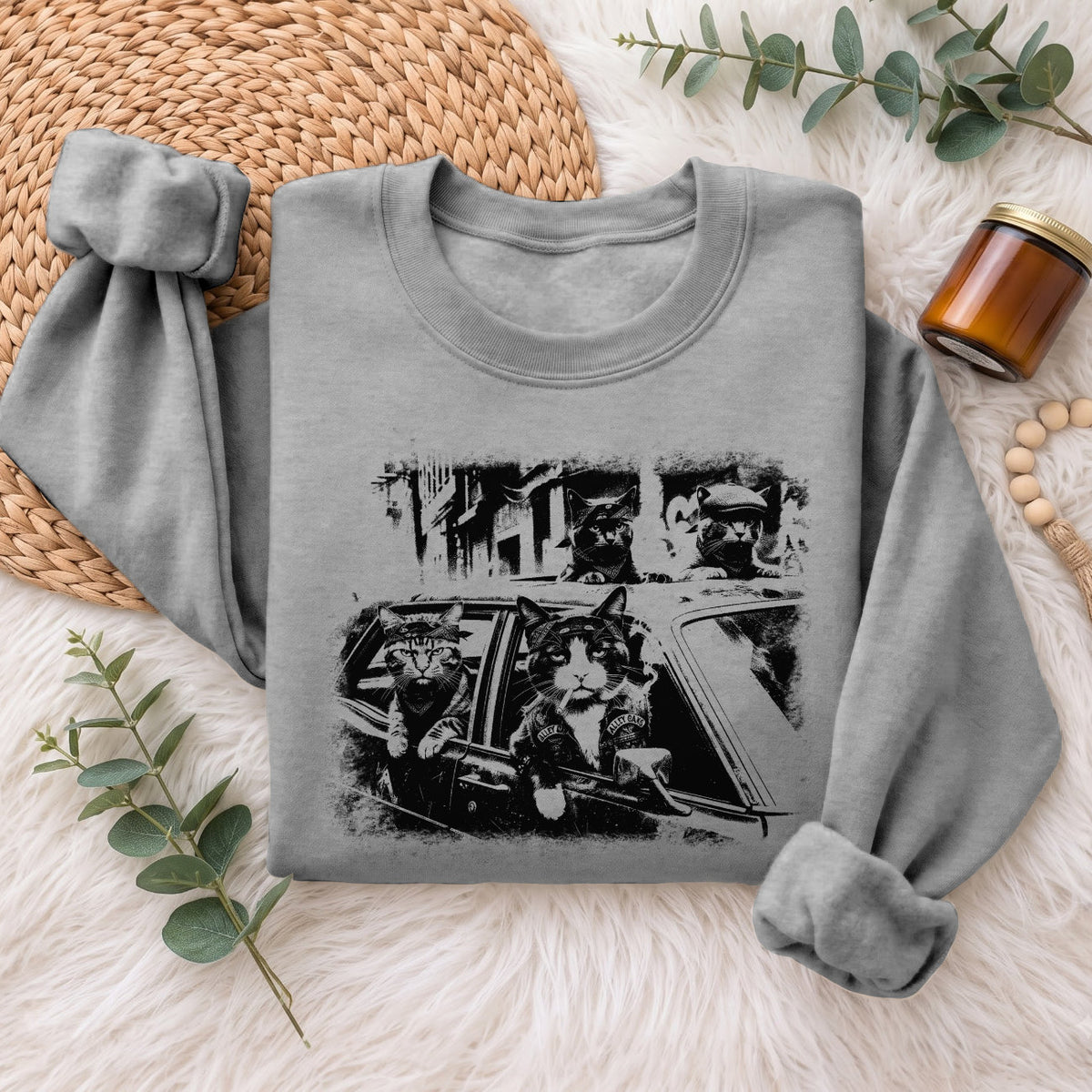Gangster Cats in Car Sweatshirt, Funny Cat Retro Graphic Top
