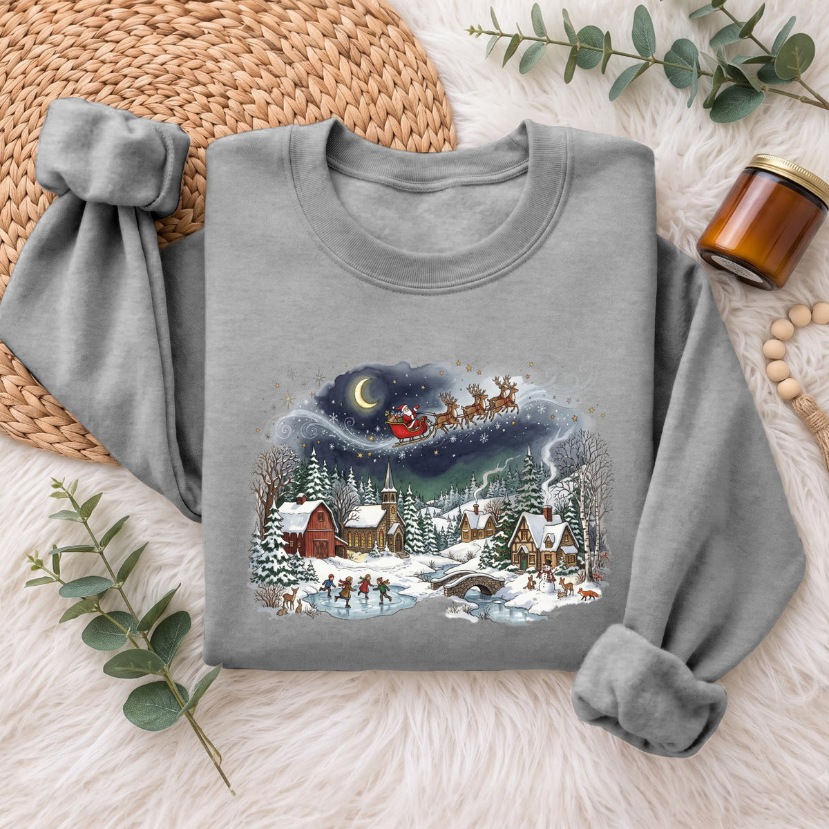 Santa Sleigh Winter Village Christmas Sweatshirt, Holiday Top
