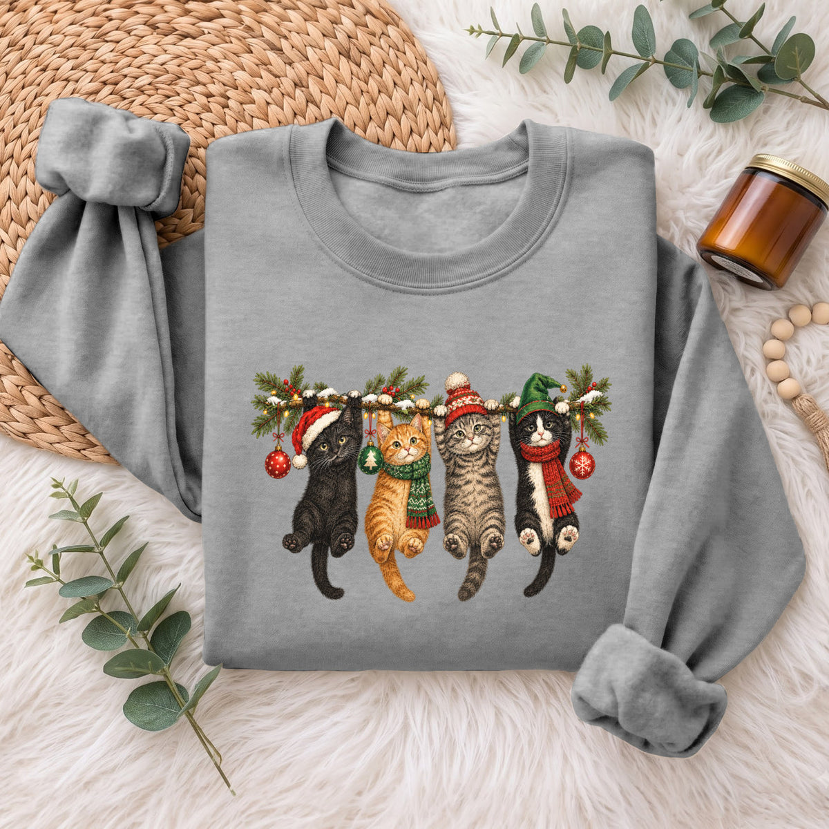 Hanging Cats Christmas Sweatshirt, Cute Kitty Holiday Sweater, Xmas