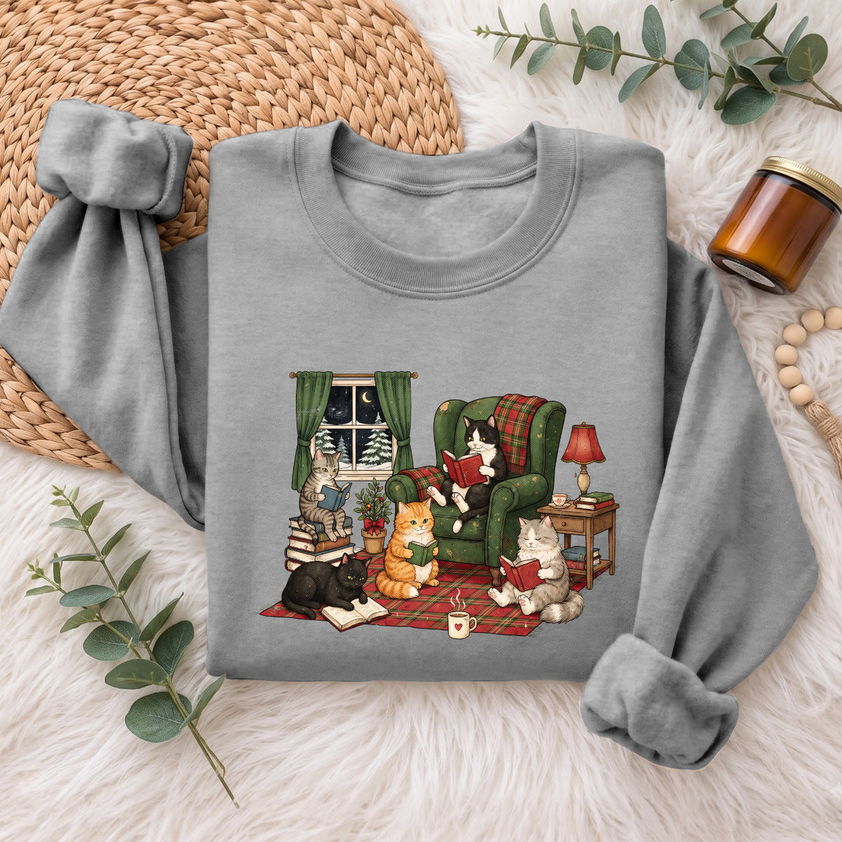 Cozy Reading Cats Sweatshirt, Cute Cat Books Holiday Sweater, Xmas
