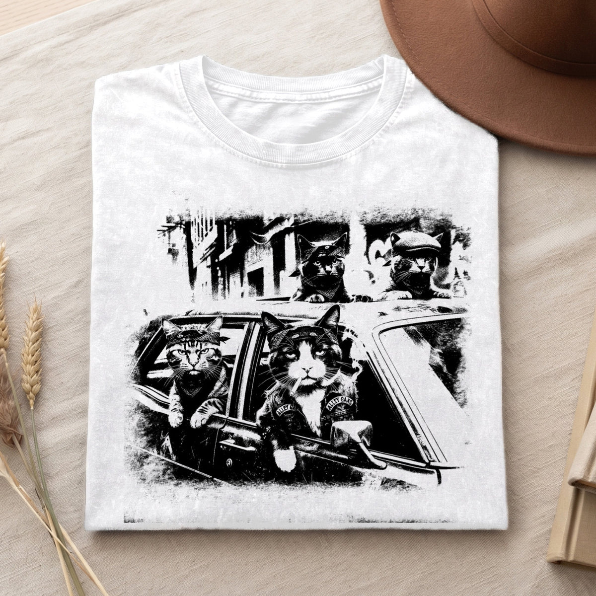 Gangster Cats in Car T-Shirt, Funny Cat Retro Graphic Shirt, Top