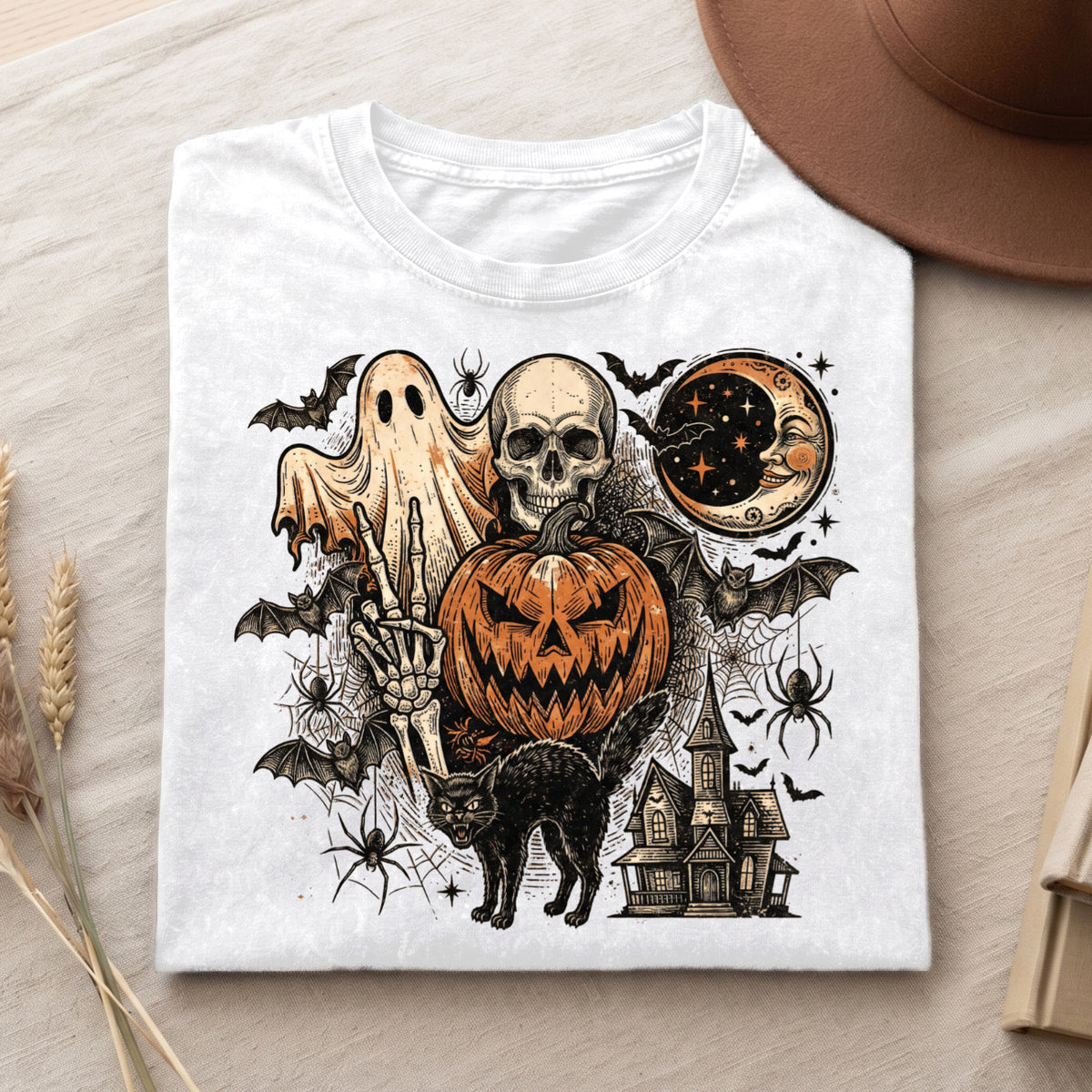 Retro Spooky Ghost Pumpkin Skull Graphic T Shirt (PB091826-3)