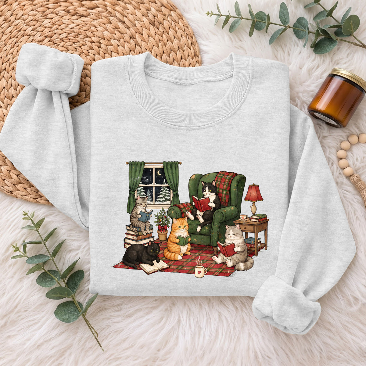 Cozy Reading Cats Sweatshirt, Cute Cat Books Holiday Sweater, Xmas