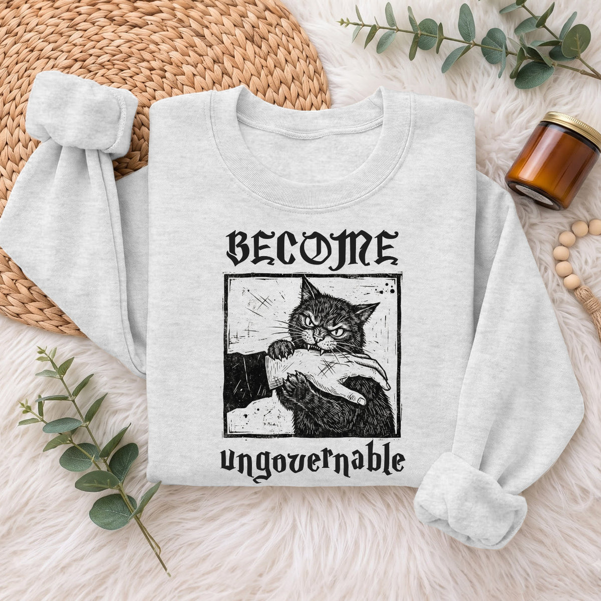 Become Ungovernable Cat Sweatshirt, Funny Cat Biting Hand Sweater