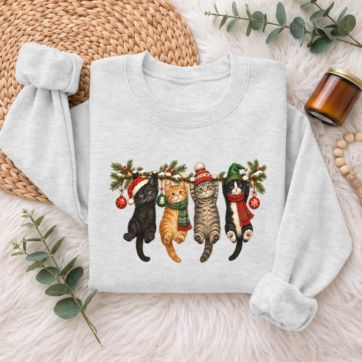 Hanging Cats Christmas Sweatshirt, Cute Kitty Holiday Sweater, Xmas