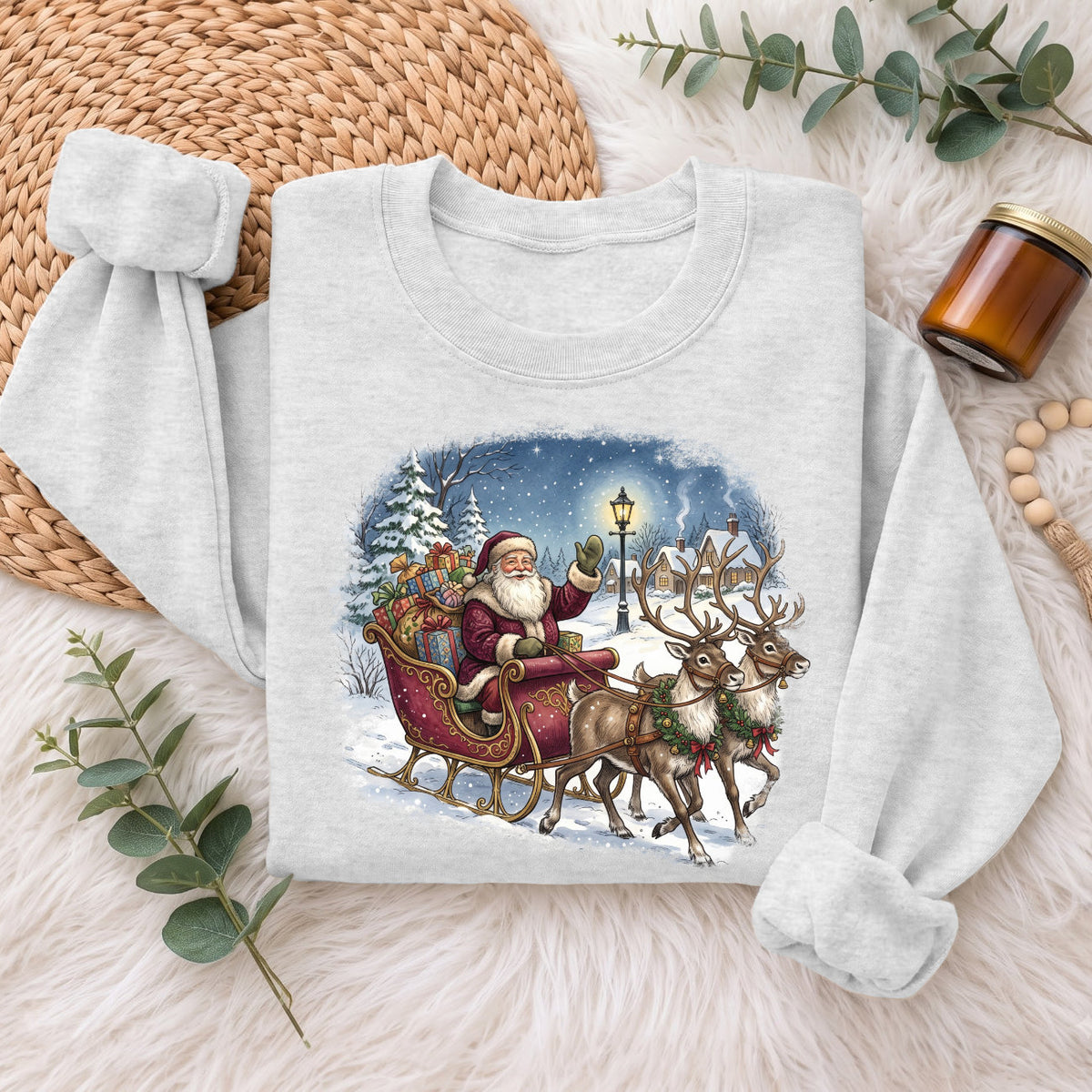 Santa Sleigh Reindeer Christmas Sweatshirt, Xmas Holiday Sweater