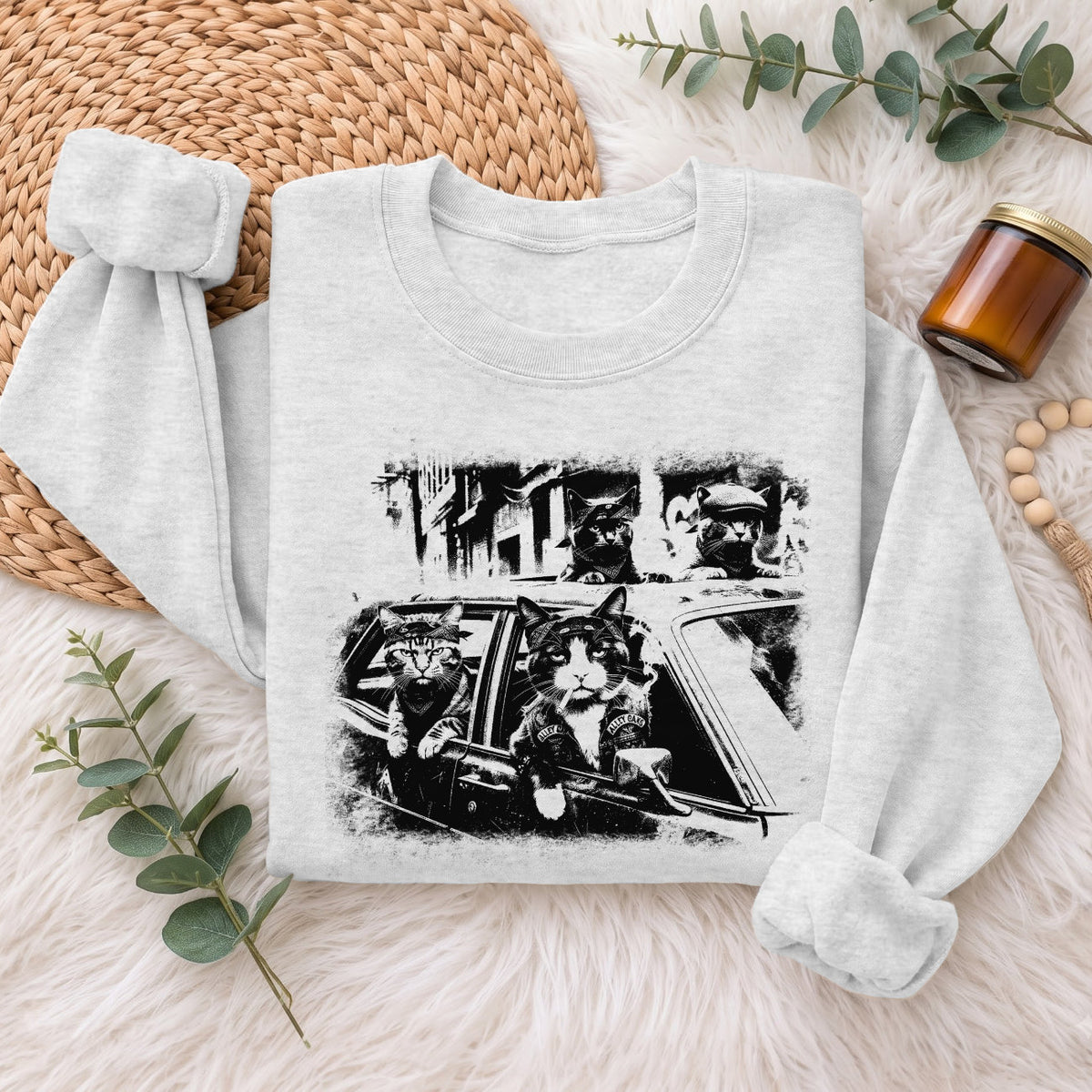 Gangster Cats in Car Sweatshirt, Funny Cat Retro Graphic Top