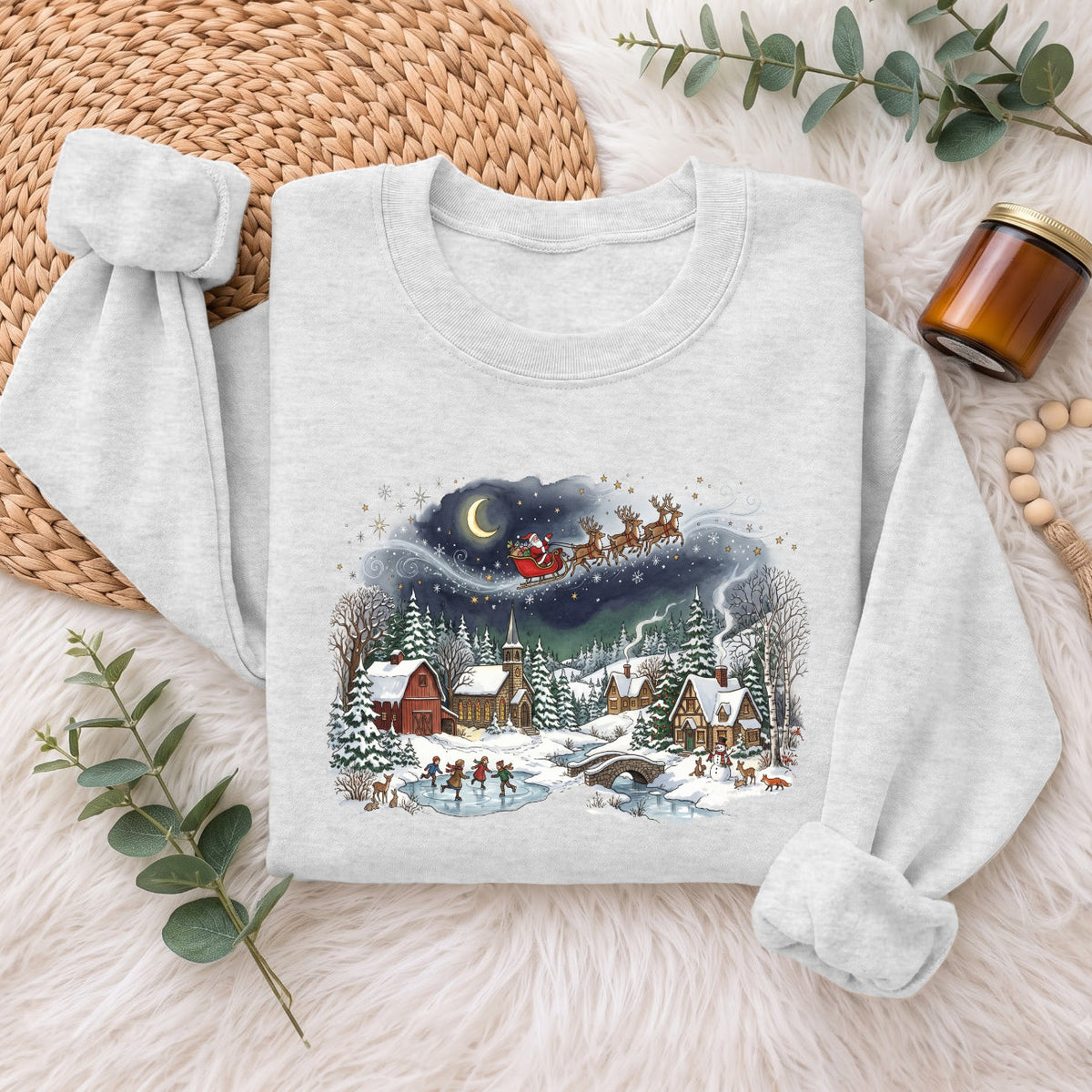 Santa Sleigh Winter Village Christmas Sweatshirt, Holiday Top