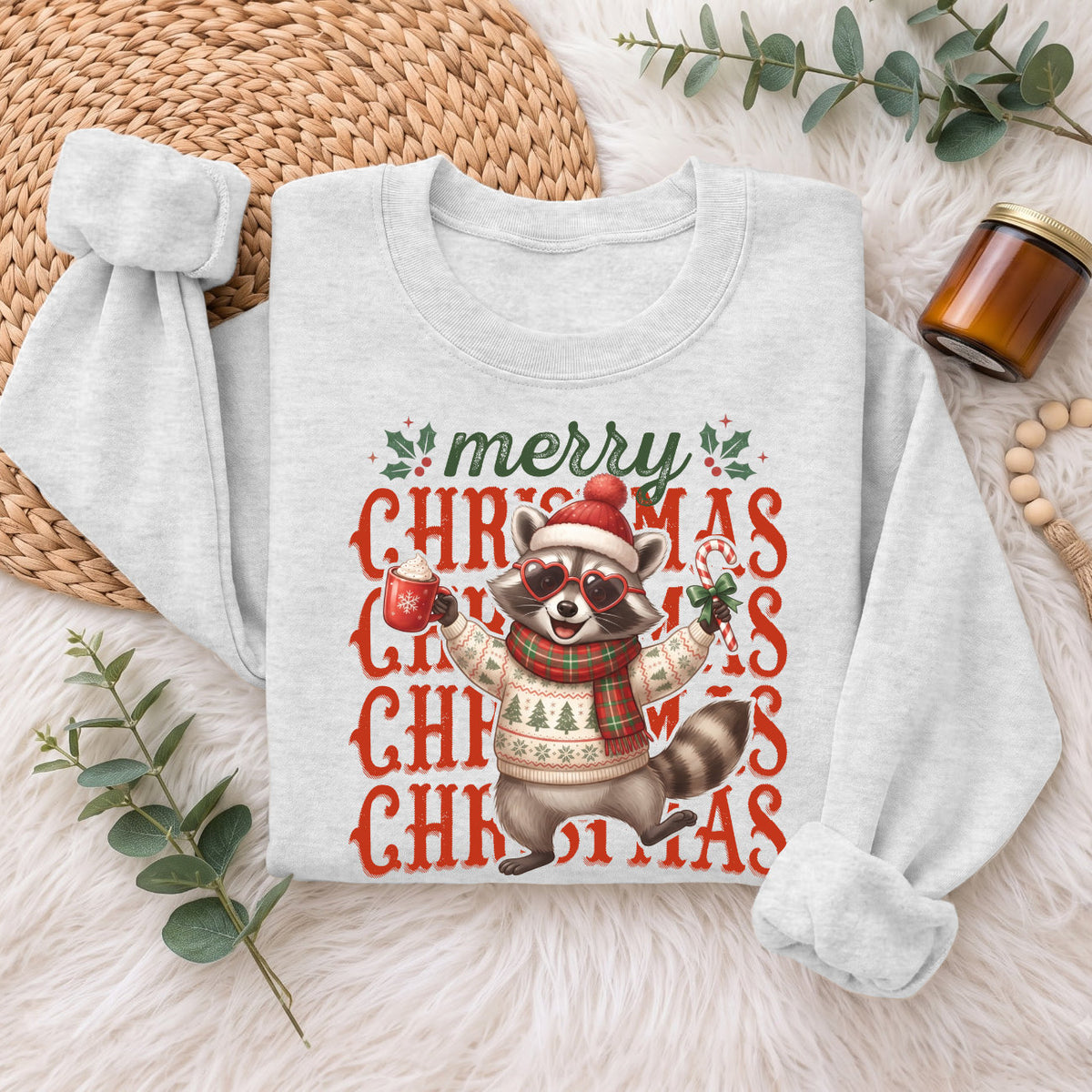 Merry Christmas Raccoon Sweatshirt, Cute Winter Holiday Shirt